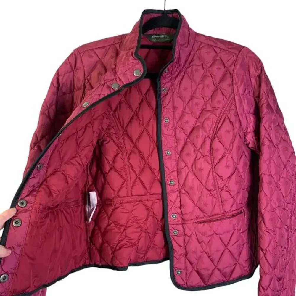 EDDIE BAUER Jacket Barn Coat Goose Down Quilted Snap Closure Zip Pockets Fushia‎